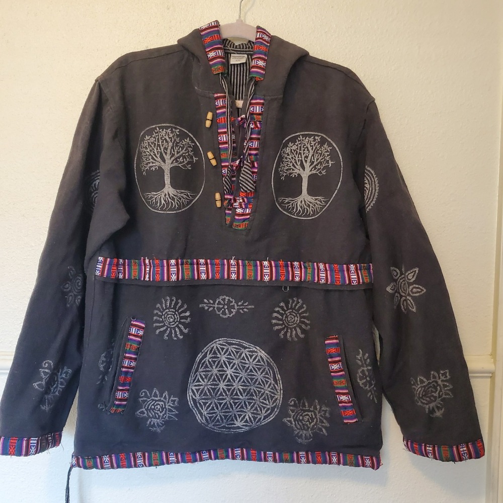 Siddhartha Nepal Cotton Tree of Life Hoodie Boho Hippie Pullover Gray SM/M